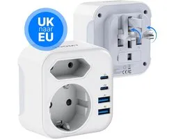 Voomy Reisstekker Engeland/UK - Met 2 Stopcontacten & 4 USB - Wereldstekker Type G - USB-C & USB-A - Wit