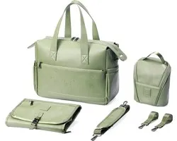 Brisby Vegan Leather Diaper Bag SET Vert avec sac réfrigérant et matelas à langer