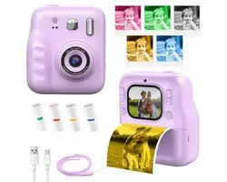 Jumalu Instant Camera – Caméra HD 2.4" avec fonction Selfie – 1080p – Comprend 4 rouleaux de papier photo – Caméra à impression directe pour enfants – Violet/Lila