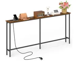 CINK & Co Table console étroite avec 2 prises et 2 ports USB - 180 x 20 x 80 cm - Brun rustique et noir