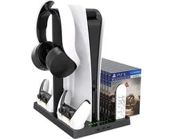 Oplaadstation voor koelventilator - Dubbele controller Oplader - Verticale standaard met koel ventilator - Geschikt voor: PlayStation 5 standaard - Gaming accessoire - headset standaard - Opslag voor Games- PS5-accessoires