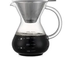 Pour Over Koffiepot met Permanent RVS koffiefilter - Slow Coffee Maker Kit - Glazen Cafetière - Koffekan Drip Gieter - Dripper Koffiemaker - Handmatig Filterkoffie koffiezetapparaat met Herbruikbaar Koffie Filter - Koffiefilterhouder set - 500 ML