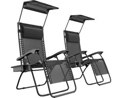 Chaises de jardin pliables LifeGoods - avec auvent - parasol réglable - 2 pièces - réglable 30°-90° - métal - Zwart