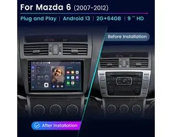 2 Din Car Stereo Radio Android 14 9inch Player 4+64G Wireless and Wired for Carplay/Android Auto WiFi Bluetooth GPS Navigation Head Unit with Camera Compatible for Mazda 6 2007-2012