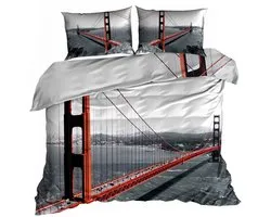 Parure de lit 3D de luxe - Satin de coton - 160x200 cm - Avec 2 taies d'oreiller 70x80 cm - Design : Golden Gate Bridge San Francisco - USA Citytrip - Urban Style