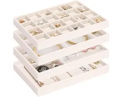 Famanu Sieradenorganizer, sieradenorganizer, stapelbaar dienblad voor sieraden, voor het bewaren en tentoonstellen van oorbellen, halskettingen, ringen, 4 stuks (beige)