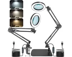 2-in-1 Magnifying Glass with Light and Stand, 15 x 10 x LED Magnifying Lamp with Clamp and Base, Desk Lamp with 3 Colour Modes, Dimmable LED Magnifier for Hobbies, Crafts, Repairs, DIY