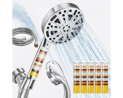 Douchekop met filter - Handdouche met 10 straalstanden en 15-laags KDF-filterpatroon - Regen, massage, mist en gerichte reinigingsstraal - Inclusief 1,5 m doucheslang en 5 filterpatronen - Voor douche, bad en huisdieren - ABS - Zilver