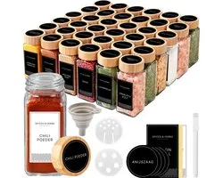 S.old 36 Glazen Kruidenpotjes Vierkant met Bamboe Deksel en Stickers - Kruidenstrooier - Spice Jars - Complete set met 2 Soorten Strooideksels, Voorbedrukte Stickers en Trechter - 120 mL