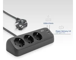 ACT Stekkerdoos met 3 type-F stopcontacten, 30W Power Delivery, USB Type-C/A poorten, kabellengte 1,5 meter AC2480