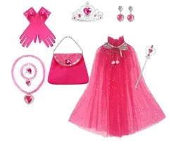 Loha-party®11 stuks Princes verkleed set-verkleedcape-Rozerood jurk-Carnaval kleeding-verjaardag cadeau-kinder cadeau kit- jurk-Prinsessencape-Crown-Wand-Handschoenen-Oorbel-Ring-armband-handtas-verjaardag-feestartikelen-accessoires-11stuks