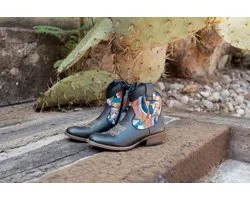 Inkkas Cyprus Western Boot dames laars – bruine leren westernlaars met berg- & mouflon motief – turquoise details – mid-hoog model met comfortabele hak, maat 40