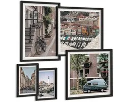 Wallfluent 5-Delige Schilderij Set - Sfeervolle Straatjes Met Fietsen En Uitzicht Op Vuurtorens. - 50 x 50 cm, 20 x 30 cm En 40 x 60 cm - Moderne Wanddecoratie - Woonkamer - Interieur Decoratie