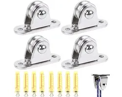 4x Katrol - Hijshaak - Katrollen - Katrolwielen - Katrol met duplex-lagers - Katrol roestvrij staa - Katrol klein - Katrol voor touwen - Voor 3-6 mm touwen - Met 8 schroeven en 8 hulzen - Voor schuifpoorten - Voor lagers, roldeur, waslijn, fitness