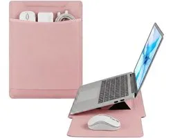 Housse de protection pour ordinateur portable - Laptop sleeve - Sac avec support - Imperméable - Avec support - Cuir PU - Station de travail portable - Pour le voyage et le bureau - Convient pour les ordinateurs portables de 15 et 16 pouces - Rose