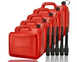 Set de 5 jerricans robustes de 20 L chacun avec bec verseur - Polyéthylène rouge - Convient pour le Stockage de l'eau - Idéal pour le Bricolage, la Auto et moto, le Camping et plein air