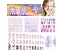 EBANKU 72 Pieces Press on Nails for Children, 3-Piece False Nail Set, Purple Flower Black Stripes, for Girls 8-12 Years, with Jelly Nail Glue
