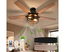 Rosnek Plafondventilator met Verlichting Ø132cm- Smart Lamp met Afstandsbediening - Plafonniere Keuken Lamp met 6 Ventilatiesnelheden - Plafond Ventilator Lamp met Timer, Landelijke Stijl voor Slaapkamer, Woonkamer & Terras