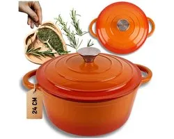 Hage - Casserole - Cocotte en fonte avec couvercle - Émaillée - Compatible induction et four - Mini-gants de cuisine et dessous-de-plat inclus - Pour rôtir, mijoter, soupe et pain - 4 litres - Ø24 cm - Orange
