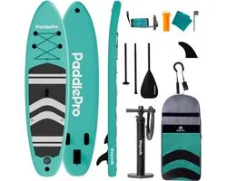 LifeGoods PaddlePro SUP Board - Opblaasbaar Paddle Board - Complete Set - Max. 150KG - 320x81cm - Mintgroen/Zwart
