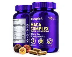 Maca Complex – Zwarte, Rode en Gele Maca – Met Ginseng, Zink, Selenium en Vitamine B6 – 180 Vegan Capsules – 3 Maanden voorraad - Suplint