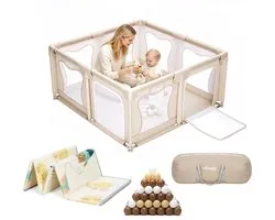 Elissio® - Parc Bébé – Inclus Tapis de Jeu Double Face – Parc Bébé avec 50x Balles de Jeu - Parc Enfant - Playpen - 120x120 CM - Beige