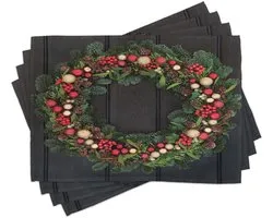 ABAKUHAUS Kerst placematten, kerstkrans-ontwerp met kleine balletjes, hulst, spar, den, donker eiken, tafeldecoratie van kleurvaste stof voor eetkamer en keuken, meerkleurig