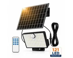 AXIMO Solar Buitenlamp met Bewegingssensor – 121 LED's - met Afstandsbediening - Los Zonnepaneel + Kabel - Tuinverlichting op Zonne-energie en/of USB – Wandlamp Buiten met 3 Standen – Dag & Nacht Sensor