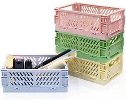 LUTAKU 4 Pcs Mini Folding Desk Crates Storage Box, Plastic Stackable Table Folding Baskets, Pastel Crates for Storage - ShopVlot