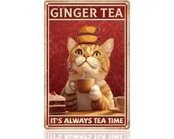 kat drinken gember thee teken muur decor It's Always Tea Time metalen tinnen bord vintage poster voor thuis keuken kantoor tuin bar muur decor cadeau 20 x 30 cm