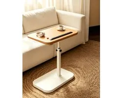 Table d'appoint réglable en hauteur et rabattable adaptée au salon comme table basse, petite table ou table de chevet déplaçable Couleur bois naturel + cadre blanc