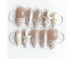 30pcs Summer Beach Press On Nails - Almond Medium - French Tip Fake Nails met 3D Pearl - Shell & Starfish Design voor Vrouwen