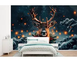 Behang - Fotobehang Hert - Kerst - Winter - Sneeuw - Kerstkrans - Breedte 600 cm x hoogte 400 cm