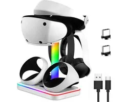 Compatible avec Station de charge pour PlayStation VR2, station de charge pour PSVR 2 avec support d'affichage pour casque VR, station de charge pour manettes PS5 VR2 avec indicateur de charge LED, 7 modes d'éclairage, câble USB-C