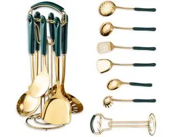 KZQ Gold Kitchen Utensils,7 Pieces Cooking Utensils Set,Kitchen Tools Set With Utensil Holder, Gold Kitchen Accessories, Dishwasher Safe, Easy To Clean (Green)