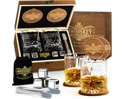 Whisiskey Luxe Whiskey Set - Incl. 2 Whiskey Glazen, 4 RVS Whiskey Stones, 2 Onderzetters, Fluwelen Opbergzak, Opbergbox - Whisky Geschenkdoos - Glas - Herbruikbare IJsblokjes