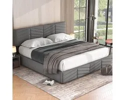 Sweiko Stoffering Bed, Dubbel Bed, Hydraulisch Functioneel Bed, Fluweel, Stripe Style, Continental Bed, Hoogte Verstelbaar Hoofdbord, 160 x 200, Grijs