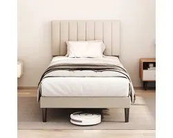 KUTAS 1 Persoons Bed 90 x 200 cm - Gestoffeerd Bedframe - Metalen Frame - Eenpersoonsbed met Lattenbodem - Verstelbaar Hoofdbord - Stil & Antislip - Opbergruimte - Vlekbestendige Stof - 300 kg Draagvermogen - Beige