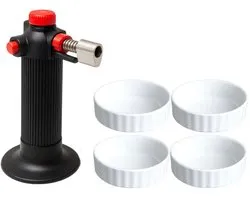 Cookinglife Creme Brulee Set - Creme Brulee Schaaltjes van Aardewerk - Koksbrander - Serving Tower - Staal - Aardewerk - Kunststof - Wit - Zwart - Vaatwasserbestendig - Ø 12 cm - 5 Stuks