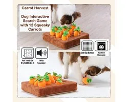 Dog Interactive Search Game (Carrot Harvest) - with 12 Squeaky Carrots / Snuffle Mat Sniff Mat / Plush Squeaky Toy / Machine Washable / Hide Treats / Nose Work Feed Game / Educational Fun Gift for Dogs/ Natural Search Instincts / Hersenwerk Hond
