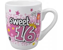Mug -Cartoon Mug - Sweet 16 - Drop - Avec ruban de soie avec le texte : "Spécialement voor jou" - Dans un emballage cadeau avec ruban à friser coloré