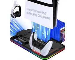Docking Station Geschikt voor Playstation 5 (PS5 Pro, Slim, Digital & Disc) - Oplaadstation met Ventilatie, Headset Houder & Controller Oplader - Accessoires