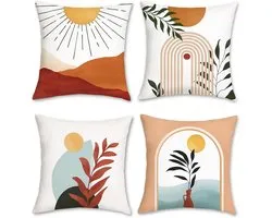 Bonhause Boho Leaf Cushion Covers 45 x 45cm Sunbow Abstract Decorative Throw Pillow Covers Modern Minimalist Cushion Covers for Sofa Patio Garden Decor Set of 4