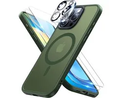 Coque avec lens d'appareil photo et 2x protecteur d'écran Adapté pour : Apple iPhone 14 Pro Max - Compatible avec MagSafe - Coque arrière avec aimant - Chargement sans fil avec Ring magnétique - Vert