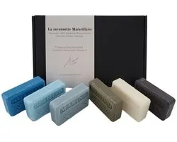Soap bar cadeauset savon de marseille zeep Fleur de lys, Fleur de lotus, Marine, Pavot (opium), Huile d'argan, Muguet 6x125 gr. vaderdag, Papa cadeau - dierproefvrij - vegan - handgemaakt