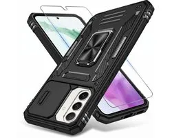 Podec Hoesje met Screenprotector - Geschikt voor Samsung Galaxy S26 - Zwart Telefoonhoesje - Anti-Shock Case - Hybrid Armor Hoes met Kickstand Ring