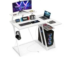COSTWAY Bureau avec prises de courant et ports USB, petit bureau informatique avec support de moniteur, crochet pour casque, compartiment de rangement et support CPU, bureau d'angle pour petits espaces, 107 x 45 x 93 cm (blanc)