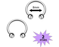 Fako Bijoux® - Circular Barbell Piercing - Hoefijzer Kristal Duo - 8mm - Wit - 2 Stuks