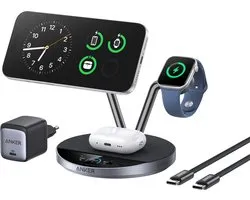 Chargeur Anker Prime MagSafe compatible, station de charge 3-en-1, norme Qi2 25 W certifiée, socle de dock de charge sans fil avec affichage intelligent et refroidissement actif TEC