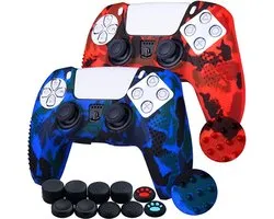 Studded Printing Silicone Rubber Customize Skin Cover，Geschikt voor Sony PS5 Dualsense Controller x 2 (Red+Blue)，with Pro Thumb Grips